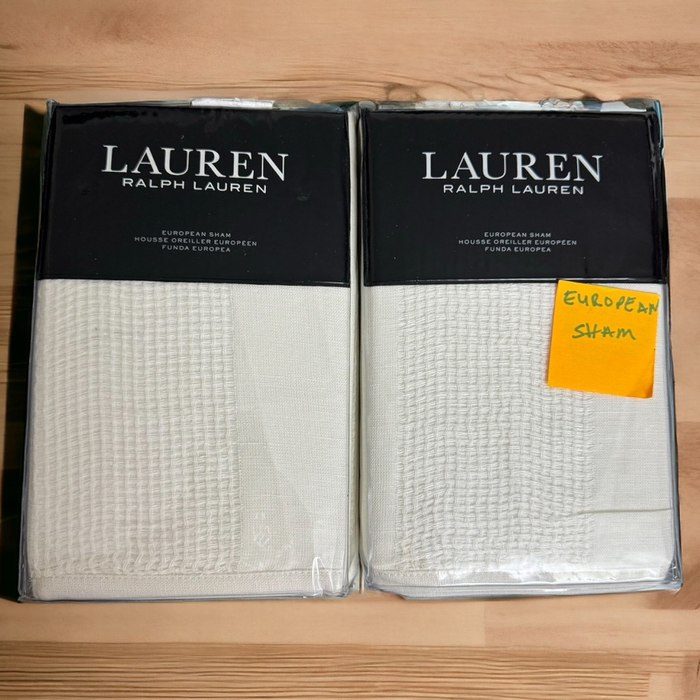 Ralph Lauren 2 TEXTURE STRIPE White Cotton Linen Euro Pillow Sham 26"x26"